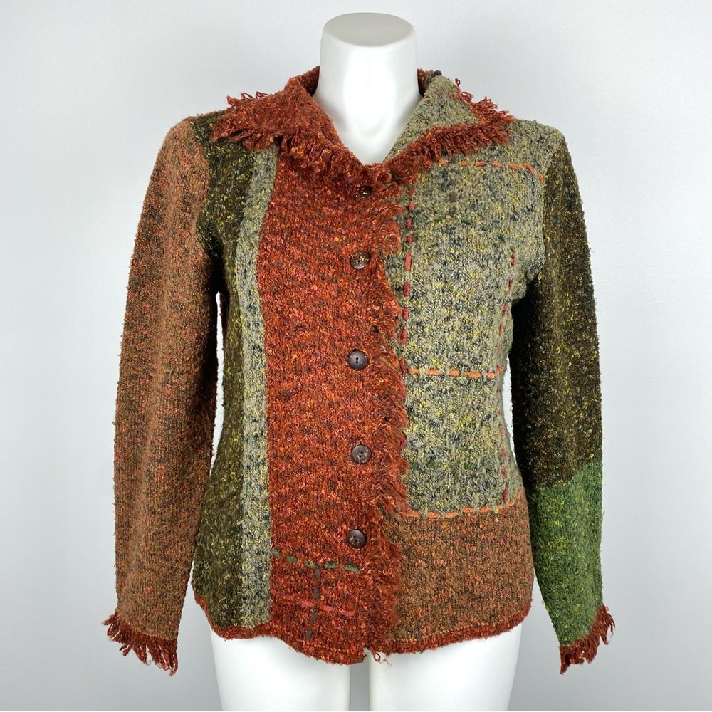 Chico’s Orange & Green Patchwork Textured Wool Blend Cardigan Jacket L